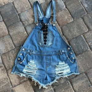 Rue 21 Lace Up Distressed Overall Shorts, 12